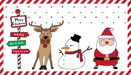 Merry Christmas card Santa reindeer snowman