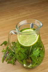 Fresh homemade mint tea. Tempting summer refreshment. Healthy, refreshing drink without sugar. Peppermint tea in a glass jar with lemon. Preparing tea.
