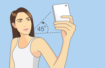 Woman holding the phone above her head and shooting down in a 45 degree angle for shoot perfect photo