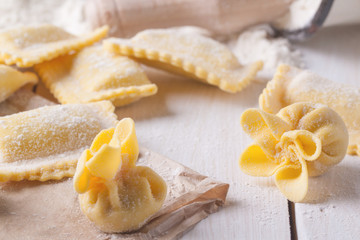 Pasta ravioli on flour