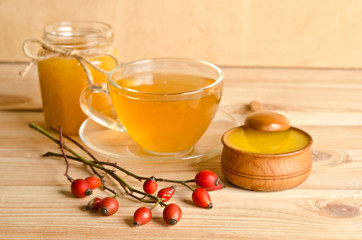 Still life from cup of tea , honey and hawthorn