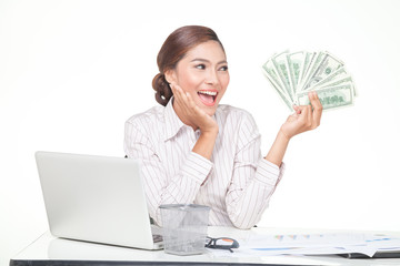 business woman hold US bank notes in hand