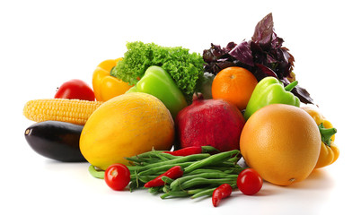 Fresh vegetables and fruits  isolated on white
