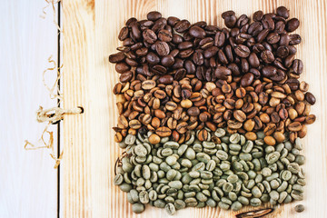 Green and brown coffee beans