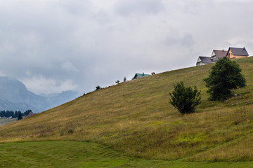misty landscape in mountains of Dinaric Alps in Durmitor National Park in rainy day