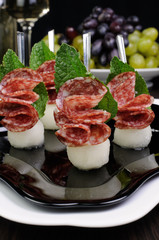 Canape of balls with a melon and salami