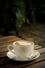 Coffee cup in garden coffee shop - vintage style effect picture