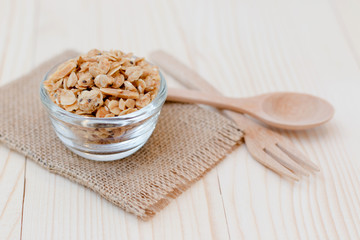 Homemade dessert delicious granola is a breakfast food and snack food consisting of rolled oats, nuts, honey. it is lightweight, high in calories.