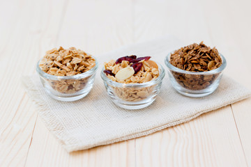 Homemade dessert delicious granola is a breakfast food and snack food consisting of rolled oats, nuts, honey. it is lightweight, high in calories.