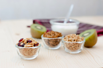 Homemade dessert delicious granola is a breakfast food and snack food consisting of rolled oats, nuts, honey. it is lightweight, high in calories.