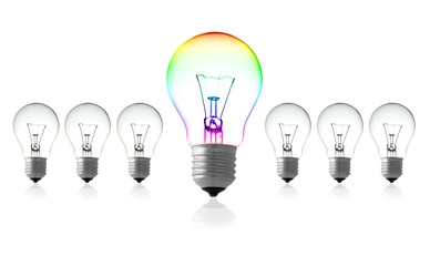 light bulbs : turn on big light bulbs in front of turn off bulbs in row, Big idea concept, Bright Creative, Think different and leadership concept