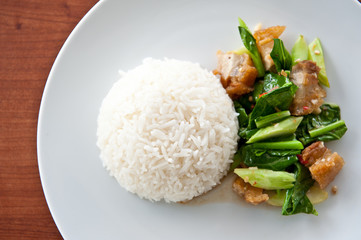 Stir fried kale with crispy pork - chinese food