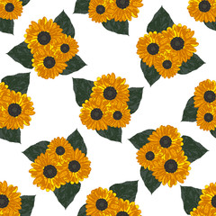 Seamless background with yellow sunflowers and leaves. Vector illustration.