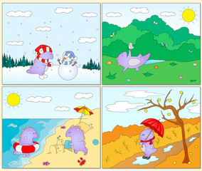 Obraz premium Four seasons: winter, spring, summer and autumn with purple drag