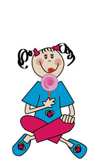 Niña feliz, sentada comiéndose una piruleta.