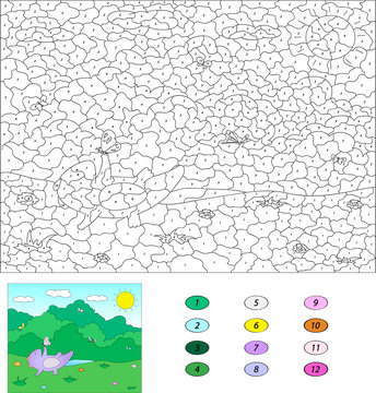 Color by number educational game for kids. Purple dragon playind