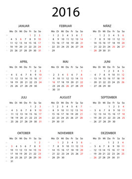 Jahreskalender 2016 schlicht