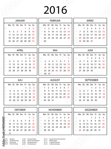 "Jahreskalender 2016 mit Rahmen und Feiertagen" Stockfotos und