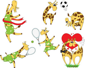 Set of cartoon giraffes playing football and tennis. Lovestory a