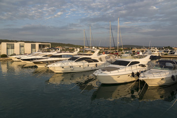 Fototapeta premium Super Yachts moored at Sukosan Harbor near Zadar, Croatia