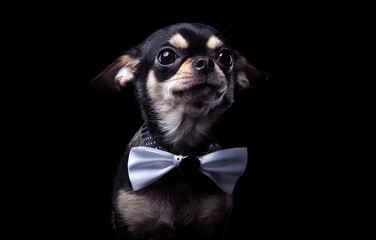 Beautiful chihuahua dog with bow-tie. Animal portrait. Chihuahua dog in stylish clothes. Black...