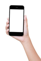 closeup hand holding phone isolated with clipping path