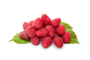  Raspberies on green leaves isolated