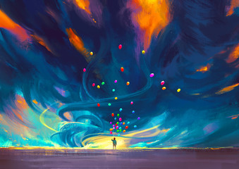 Obraz na płótnie Canvas child holding balloons standing in front of fantasy storm,illustration painting