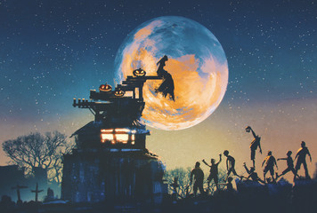 Naklejka premium bride's love story at Halloween night,illustration painting