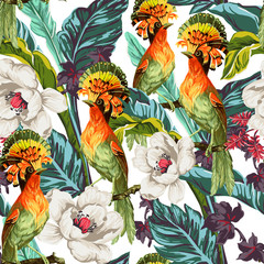 Seamless pattern with bird and exotic flowers