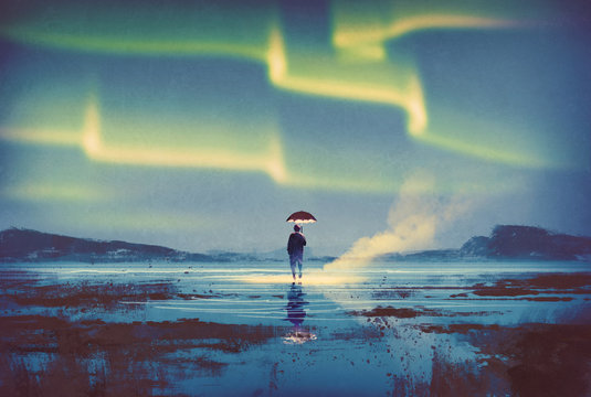 Northern lights Aurora borealis over man holding umbrella lights,illustration painting
