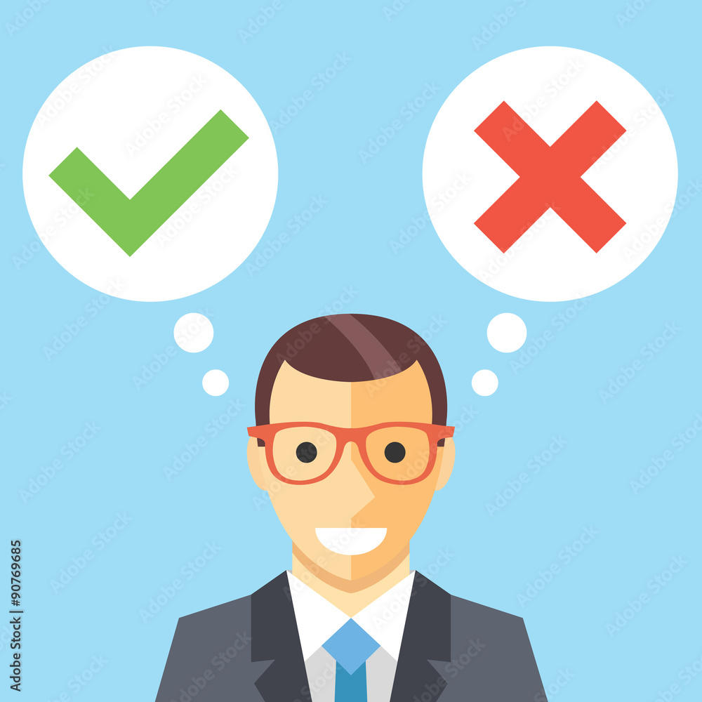 Aufkleber man and speech bubbles with checkmarks flat illustration. decision making concept