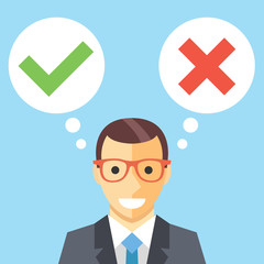 Man and speech bubbles with checkmarks flat illustration. Decision making concept