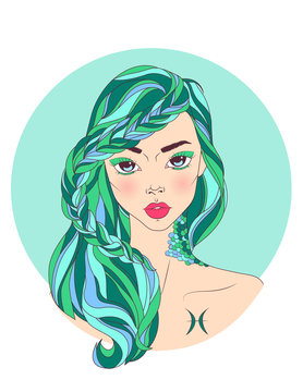 Vector illustration of pisces zodiac sign as a beautiful girl