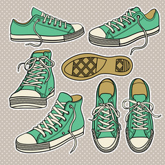 Vector set of bright sneakers isolated on white