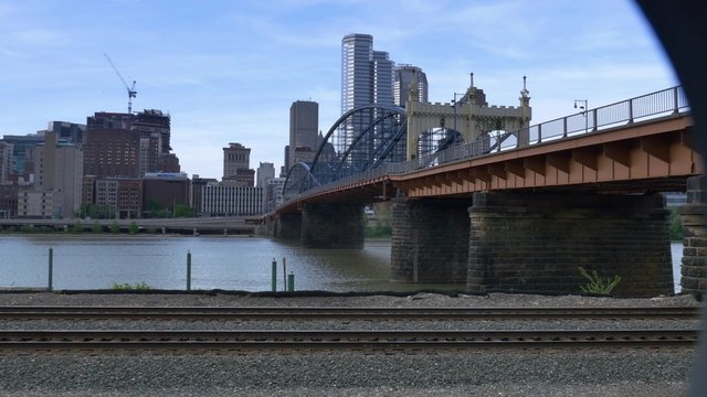 4K Pittsburgh Skyline Through Fence 4325