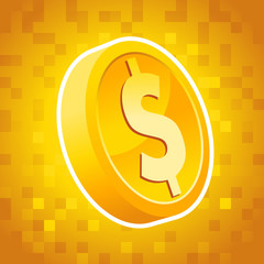 Gold dollar coin on pixel background