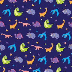 Vector Colorful Dinosaurs Rows Seamless Pattern. Vibrant
