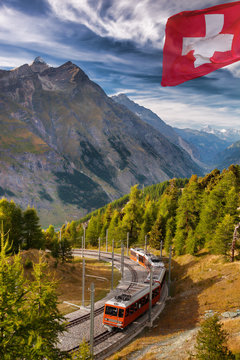 Gornergrat train with famous Alps, Matterhorn area in Switzerland