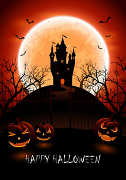 Halloween background with castle and pumpkins