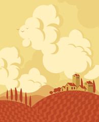 Naklejka premium Fall landscape with vineyards with a cloudy sky