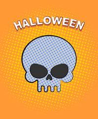 Halloween pop art. Skull on an orange background of points. Vect