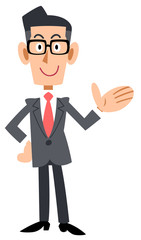 眼鏡をかけたビジネスマンが紹介する