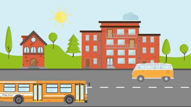 modern flat range eco bus and  camper van travel through village . business public transportation animation with sun rotation and float cloud 