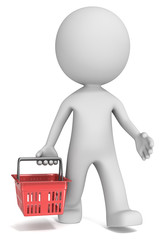 Fototapeta premium Shopping. Dude 3D character walking and carrying Red Shopping Basket. Front view.