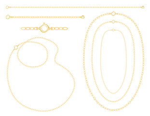 Gold chains, necklaces, bracelets, links, clasps, fashion jewelry, isolated on white background. 