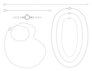 Silver chains, necklaces, bracelets, links, clasps, fashion jewelry, isolated on white background. 