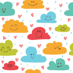 Cute hand drawn seamless pattern with clouds, drops and hearts
