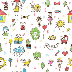Hand drawn children drawings color seamless pattern. Doodle chil