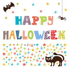 Happy Halloween card with cat, spider and bat